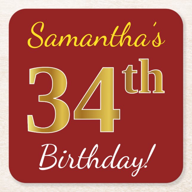 Red, Faux Gold 34th Birthday + Custom Name Square Paper Coaster (Front)