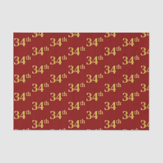 Red, Faux Gold 34th (Thirty-Fourth) Event Tissue Paper (Front)