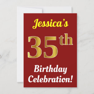 Red, Faux Gold 35th Birthday Celebration + Name Invitation