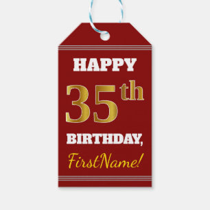 Red, Faux Gold 35th Birthday + Custom Name Gift Tags