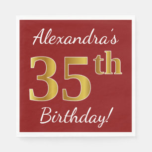 Red, Faux Gold 35th Birthday + Custom Name Napkin