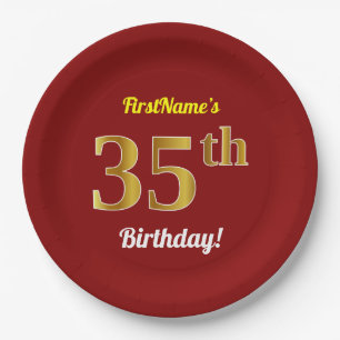 Red, Faux Gold 35th Birthday + Custom Name Paper Plate
