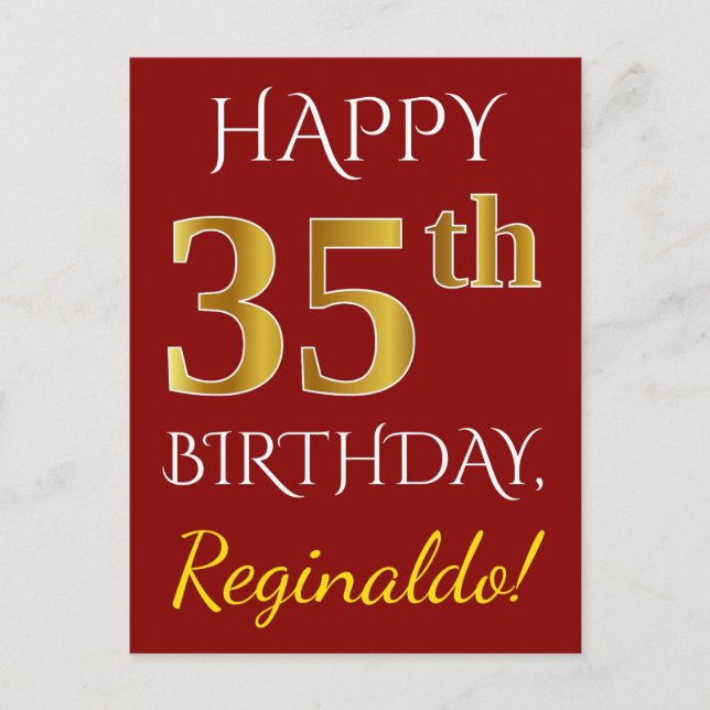 Red, Faux Gold 35th Birthday + Custom Name Postcard (Front)