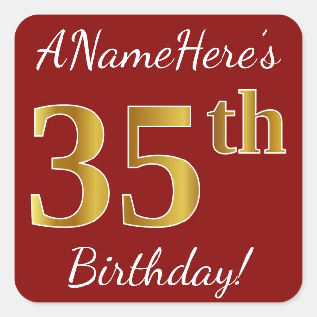 Red, Faux Gold 35th Birthday + Custom Name Sticker (Front)