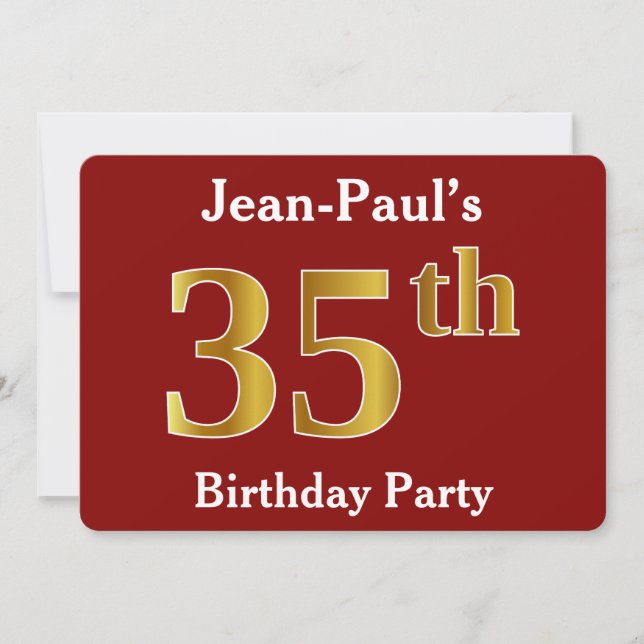 Red, Faux Gold 35th Birthday Party + Custom Name Invitation (Front)