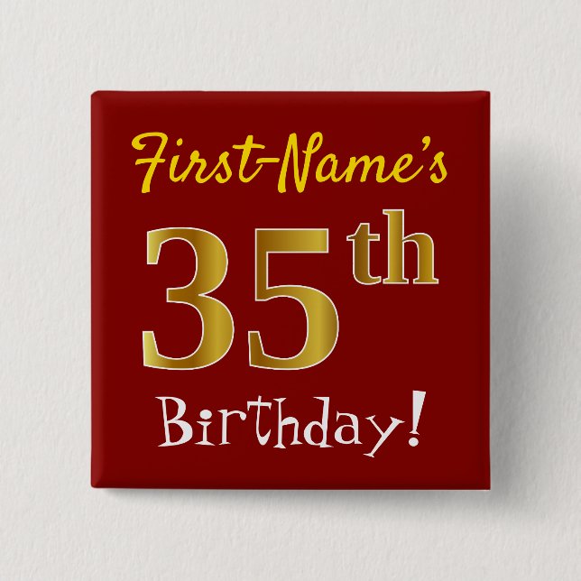 Red, Faux Gold 35th Birthday, With Custom Name 15 Cm Square Badge (Front)