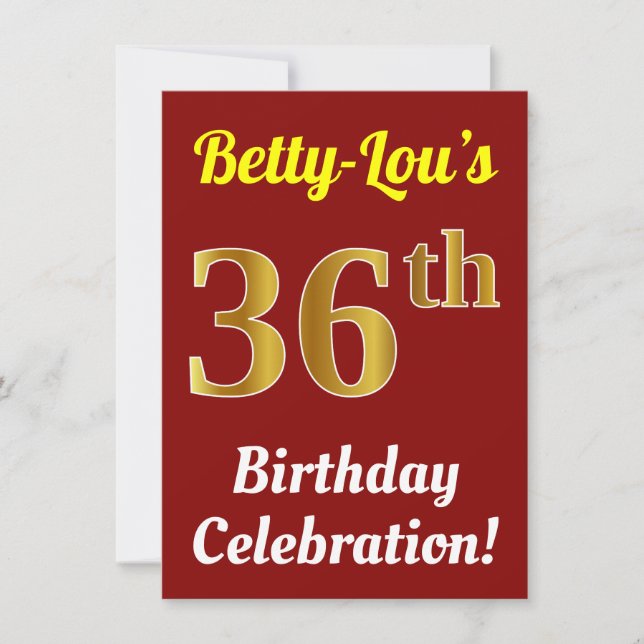 Red, Faux Gold 36th Birthday Celebration + Name Invitation (Front)