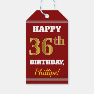 Red, Faux Gold 36th Birthday + Custom Name Gift Tags