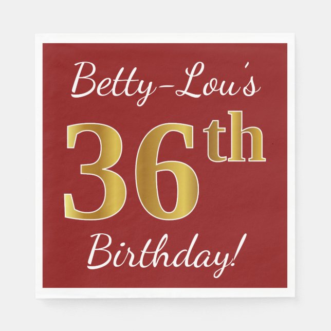 Red, Faux Gold 36th Birthday + Custom Name Napkin (Front)