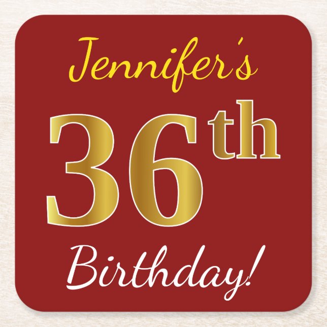 Red, Faux Gold 36th Birthday + Custom Name Square Paper Coaster (Front)