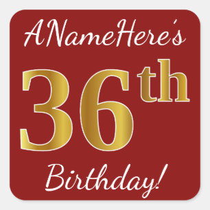 Red, Faux Gold 36th Birthday + Custom Name Sticker