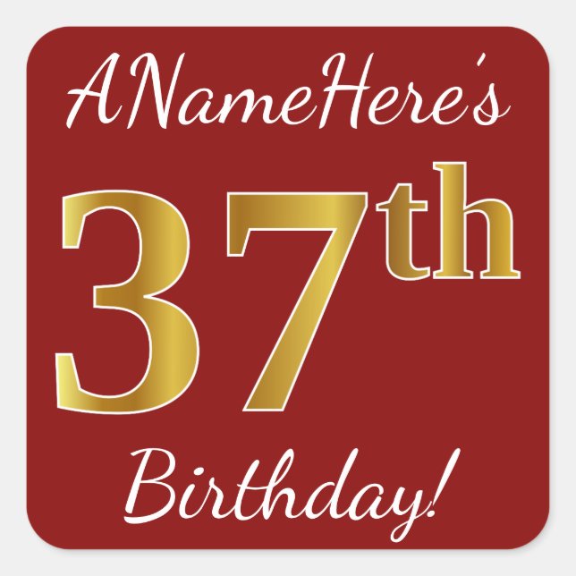 Red, Faux Gold 37th Birthday + Custom Name Sticker (Front)