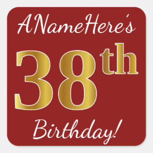 Red, Faux Gold 38th Birthday + Custom Name Sticker