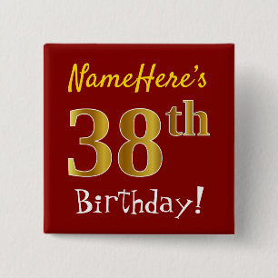 Red, Faux Gold 38th Birthday, With Custom Name 15 Cm Square Badge
