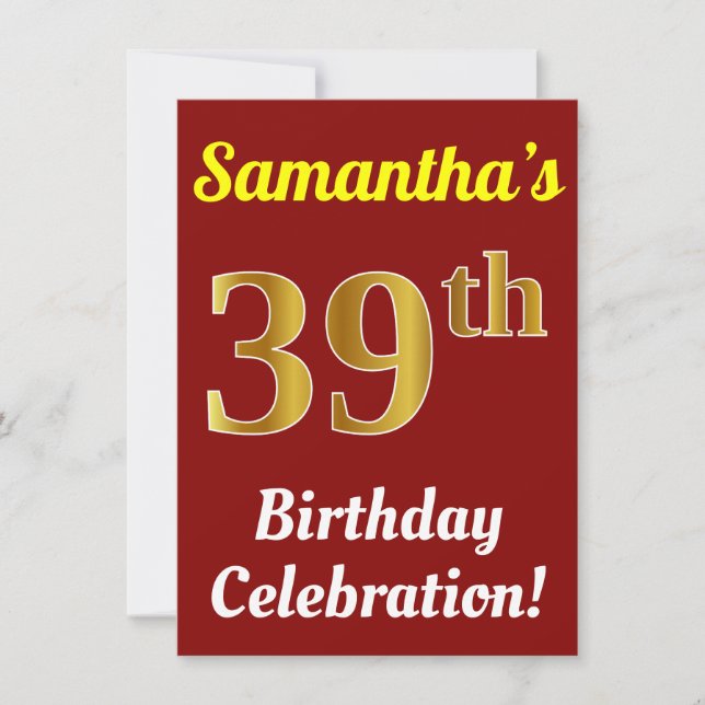 Red, Faux Gold 39th Birthday Celebration + Name Invitation (Front)