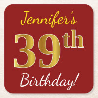 Red, Faux Gold 39th Birthday + Custom Name