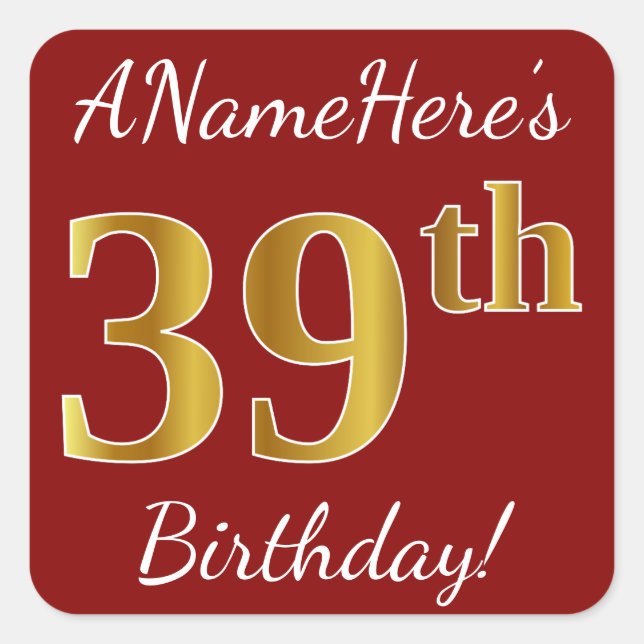 Red, Faux Gold 39th Birthday + Custom Name Sticker (Front)