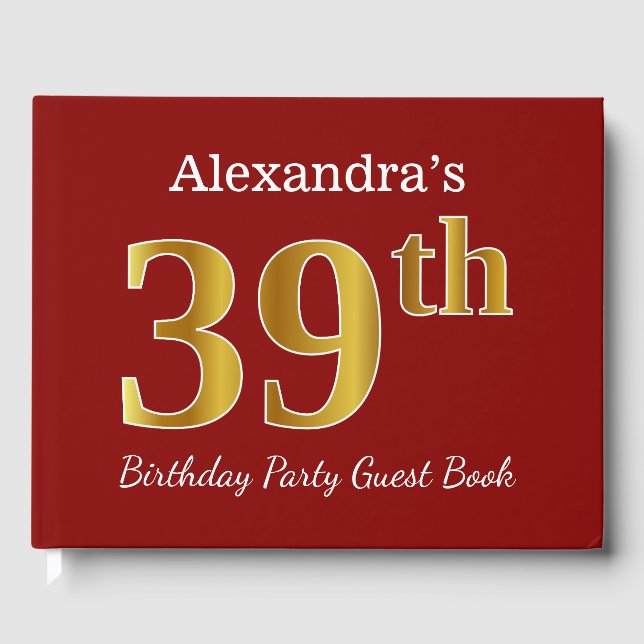 Red, Faux Gold 39th Birthday Party + Custom Name Guest Book (Front)