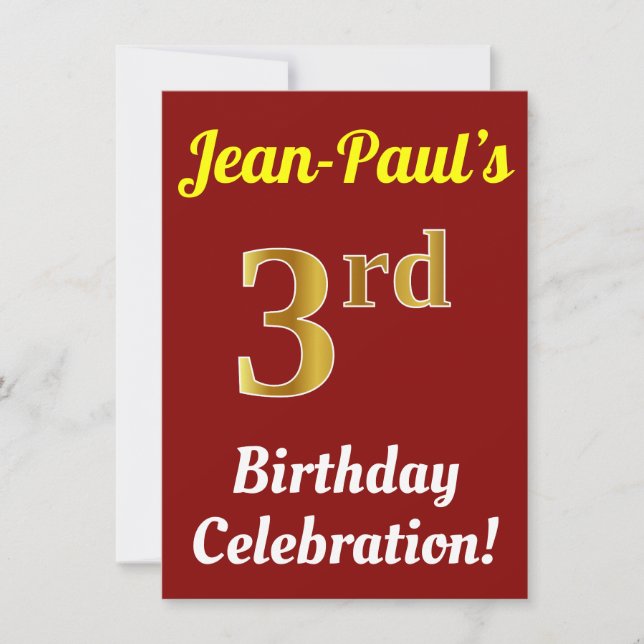 Red, Faux Gold 3rd Birthday Celebration + Name Invitation (Front)