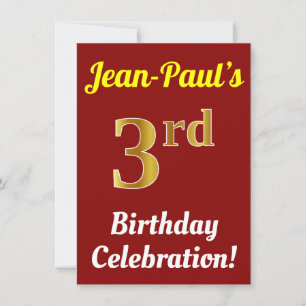 Red, Faux Gold 3rd Birthday Celebration + Name Invitation