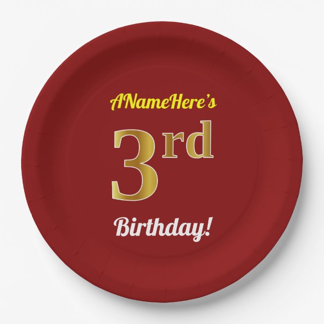 Red, Faux Gold 3rd Birthday + Custom Name Paper Plate (Front)