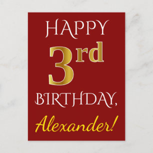 Red, Faux Gold 3rd Birthday + Custom Name Postcard