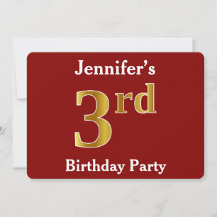 Red, Faux Gold 3rd Birthday Party + Custom Name Invitation