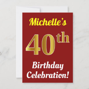 Red, Faux Gold 40th Birthday Celebration + Name Invitation