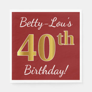 Red, Faux Gold 40th Birthday + Custom Name Napkin