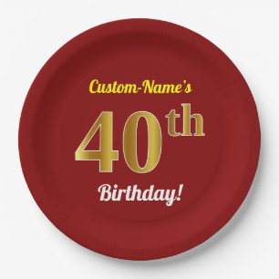 Red, Faux Gold 40th Birthday + Custom Name Paper Plate