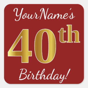 Red, Faux Gold 40th Birthday + Custom Name Sticker