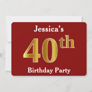 Red, Faux Gold 40th Birthday Party + Custom Name Invitation