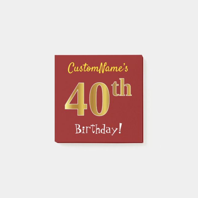 Red, Faux Gold 40th Birthday, With Custom Name Post-it Notes (Front)