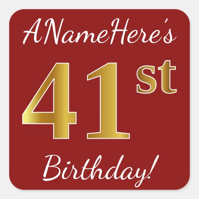 Red, Faux Gold 41st Birthday + Custom Name Sticker (Front)