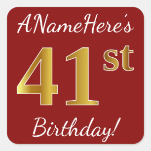 Red, Faux Gold 41st Birthday + Custom Name Sticker