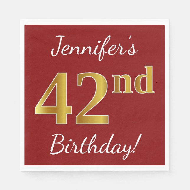 Red, Faux Gold 42nd Birthday + Custom Name Napkin (Front)
