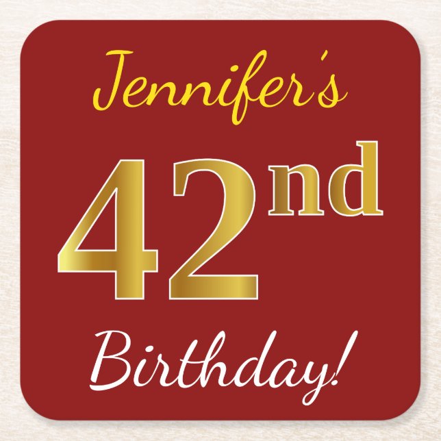 Red, Faux Gold 42nd Birthday + Custom Name Square Paper Coaster (Front)