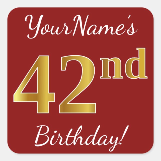 Red, Faux Gold 42nd Birthday + Custom Name Sticker (Front)