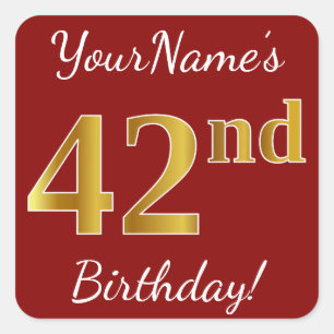 Red, Faux Gold 42nd Birthday + Custom Name Sticker