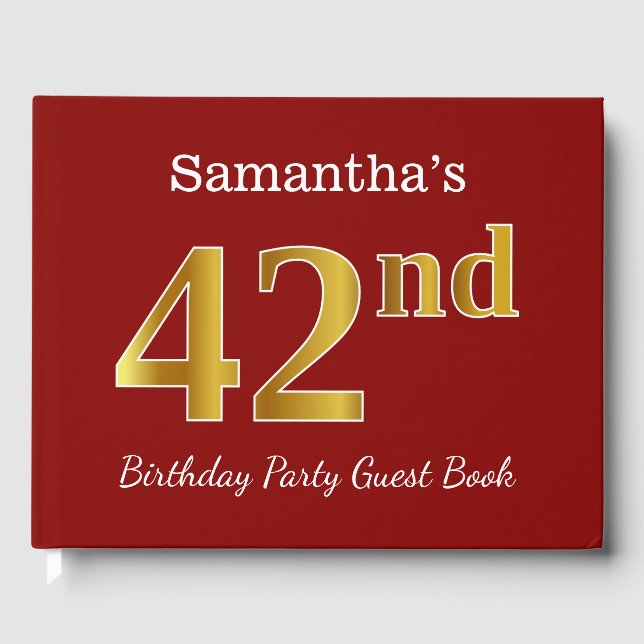 Red, Faux Gold 42nd Birthday Party + Custom Name Guest Book (Front)