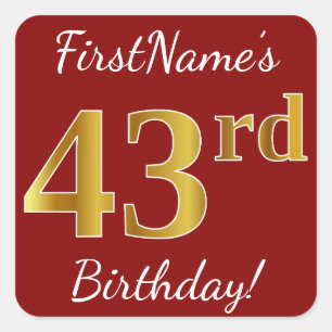 Red, Faux Gold 43rd Birthday + Custom Name Sticker