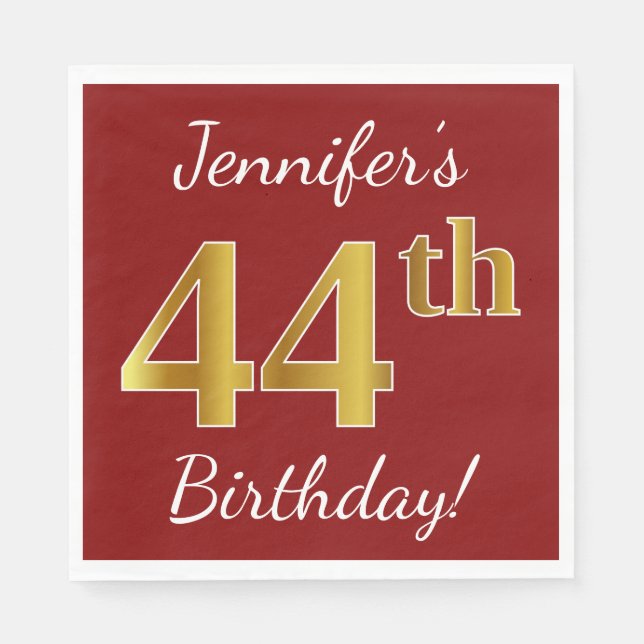 Red, Faux Gold 44th Birthday + Custom Name Napkin (Front)