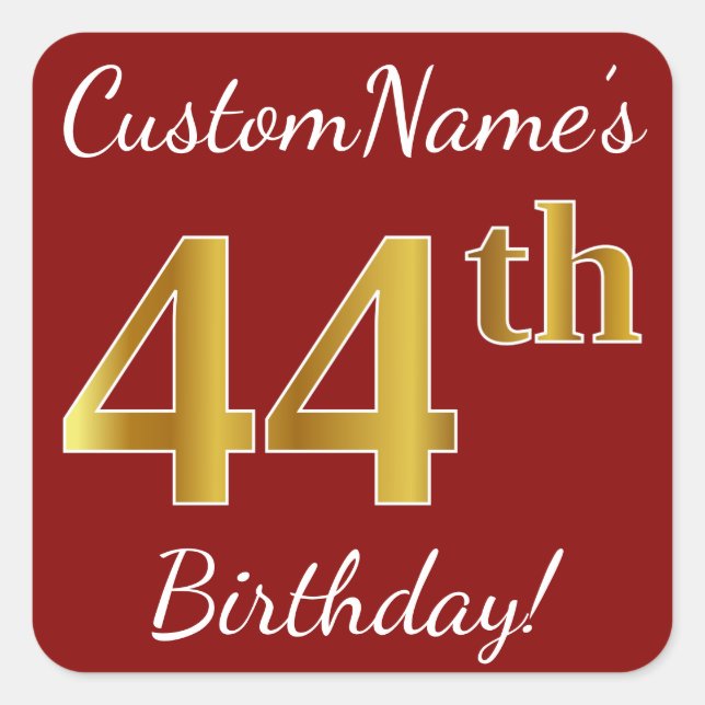 Red, Faux Gold 44th Birthday + Custom Name Sticker (Front)