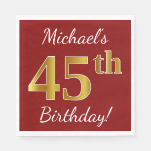 Red, Faux Gold 45th Birthday + Custom Name Napkin