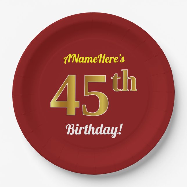 Red, Faux Gold 45th Birthday + Custom Name Paper Plate (Front)