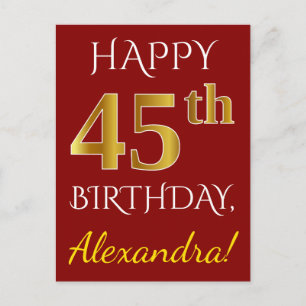 Red, Faux Gold 45th Birthday + Custom Name Postcard