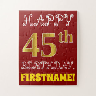 Red, Faux Gold 45th Birthday + Custom Name Puzzle