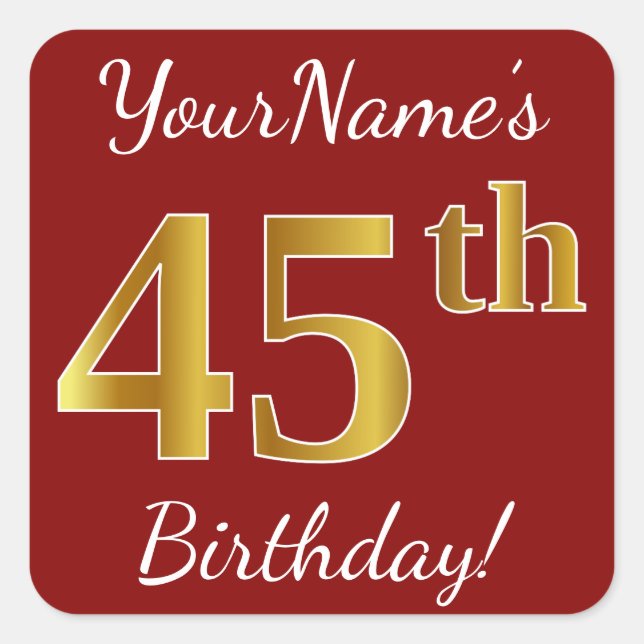 Red, Faux Gold 45th Birthday + Custom Name Sticker (Front)