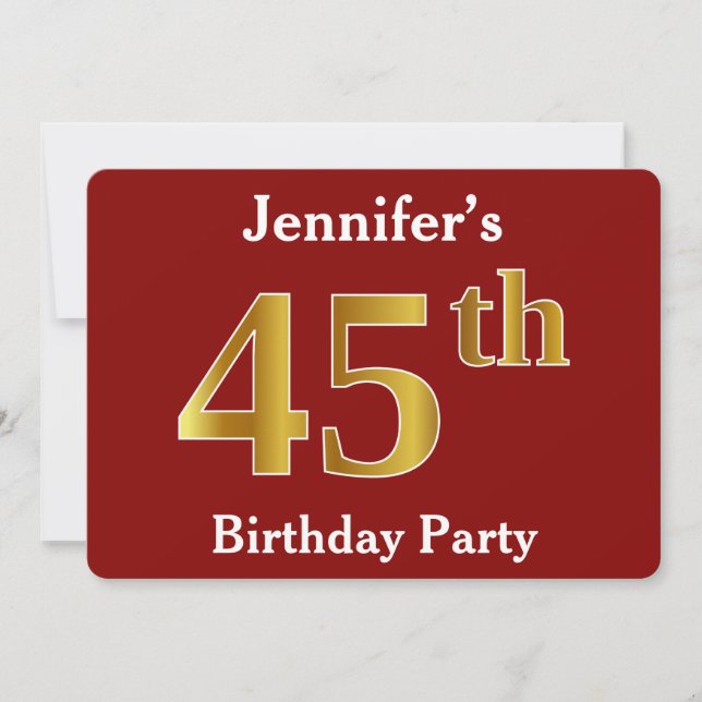 Red, Faux Gold 45th Birthday Party + Custom Name Invitation (Front)