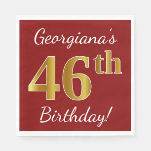Red, Faux Gold 46th Birthday + Custom Name Napkin